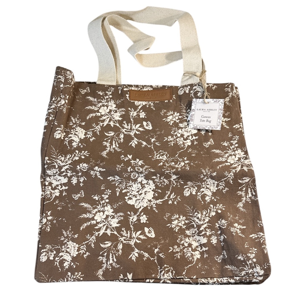 NEW Laura Ashley BROWN CANVAS FLORAL REUSABLE TOTE BAG